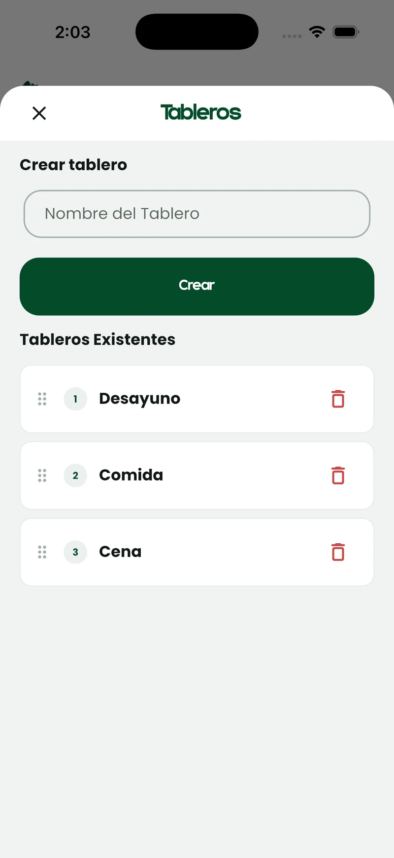 Pantalla de BoardFood para crear un tablero de comidas