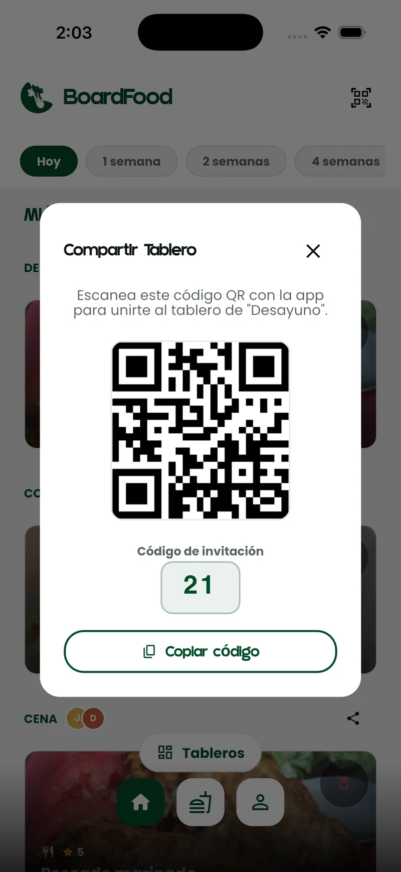 Pantalla de invitación de BoardFood con código QR para unirse al tablero
