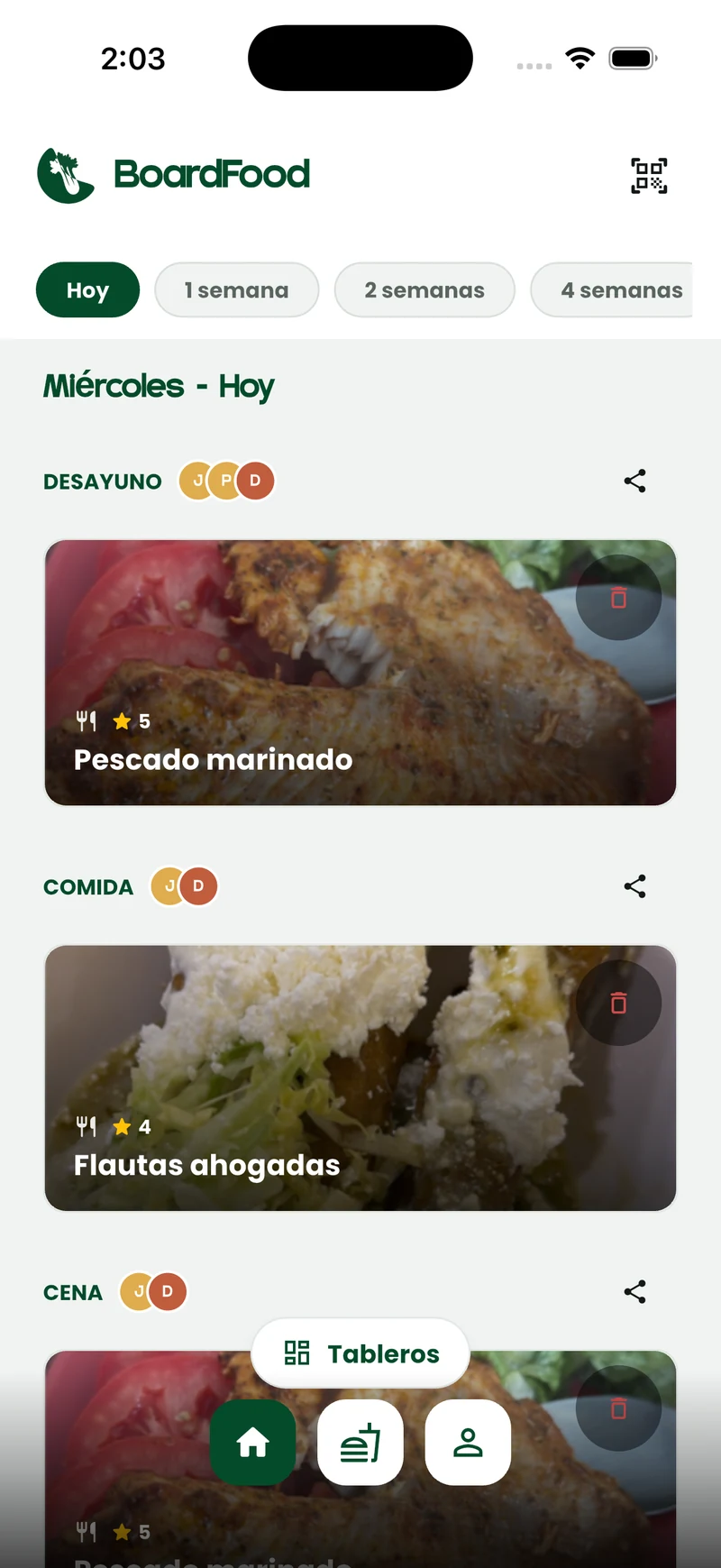 Pantalla de BoardFood con el menú semanal generado automáticamente